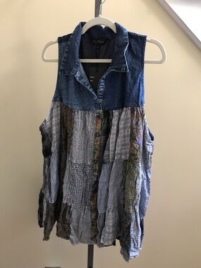 YOUNG THREADS NWT TOP Denim Plaid Sleeveless Size 2x